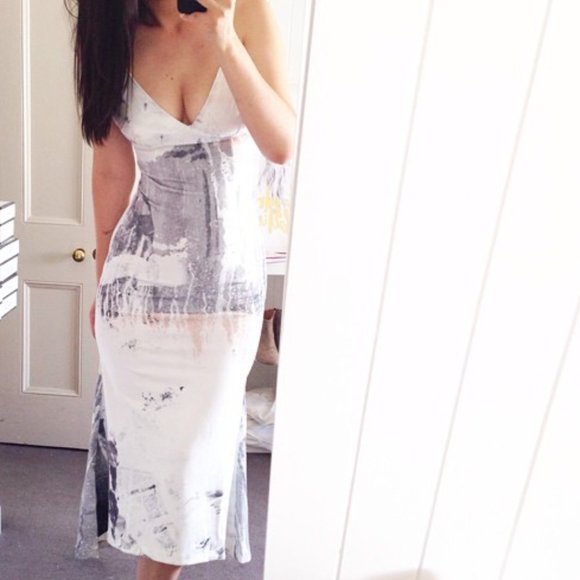 MAURIE & EVE Untold Silver Print Stretch Slip Formal Evening Midi Dress - Picture 5 of 10